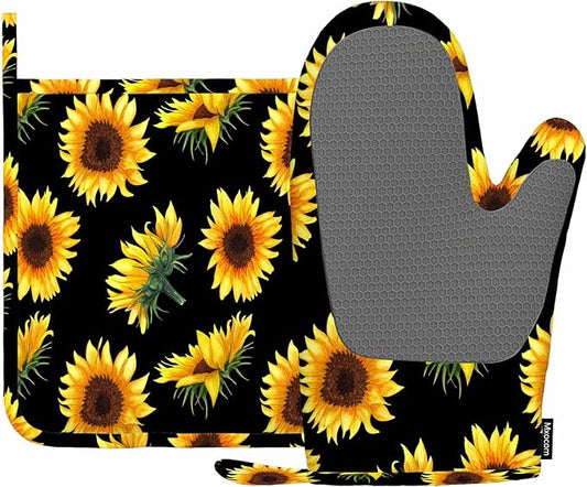 Mxocom Sunflowers Oven Mitts and Pot Holders Sets Flowers, Buds and Leaves on Black Background Silicone Heat Resistant Kitchen Oven Gloves Pot Holder for Cooking