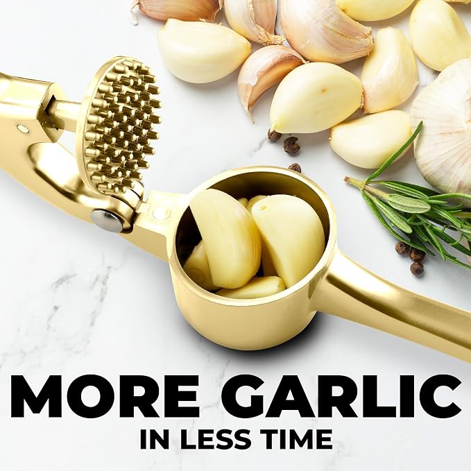 Zulay Kitchen Large Premium Garlic Press Set - Bigger Bowl for Bigger Garlic - Rust Proof Garlic Mincer Tool - Easy-Squeeze, Easy-Clean Silicone Garlic Peeler & Brush (Gold)
