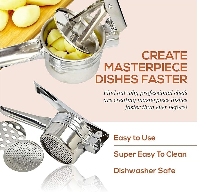 Potato Ricer Masher - Premium Stainless Steel, 3 Interchangeable Discs - Manual Potato Press, Ideal for Fruits, Vegetables, Baby Food Easy to Clean