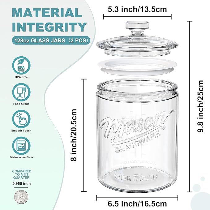 Ritayedet 2 Pack 1 Gallon Cookie Jars, Sourdough Starter Jar with Lids | Wide Mouth Food Storage Containers for Flour, Sugar, Sourdough Starter, Candy, Coffee, Dog Treat, Apothecary, Laundry