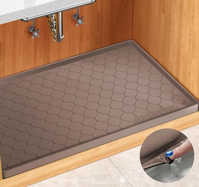 Winisok Waterproof Under Sink Mat 28" x 19", Silicone Mat, Brown | Raised Edge Traps Spills & Leaks, Shelf Liner, Cabinet Protector, for Kitchen, Bathroom, Boots, Pets, Home Essentials