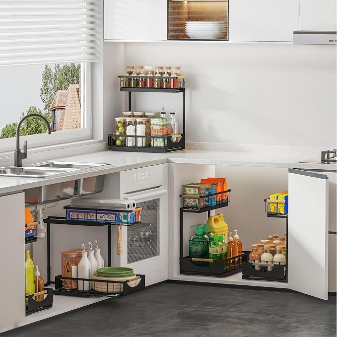 Under Sink Organizer and Storage for Bathroom and Kitchen - 2 Pack 2 Tier | Cabinet Pull Out Shelf Organizers - Slide Out Drawer Organization for Home Cabinets Shelves and Drawers