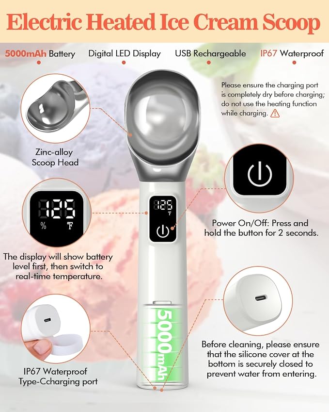 Heated Ice Cream Scoop Rechargeable, Electric Warming Ice Cream Scooper with LED Display, 5000mAh Battery, Food-Grade Metal, Easy Scoop for Hard Ice Cream, Gelato & Frozen Desserts