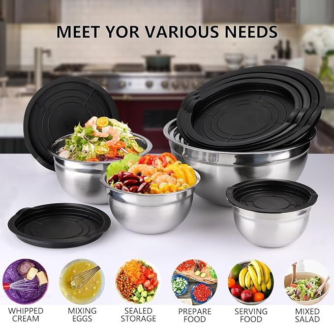 Leidawn Mixing Bowls with Lids Set, 25 PCS Black Mixing Bowl for Kitchen | Stainless Steel Nesting Bowls for Baking, Mixing, Serving & Prepping, Size 5, 3.7, 2.8, 2.3, 1.7, 1.1, 0.7QT, 11 Utensils