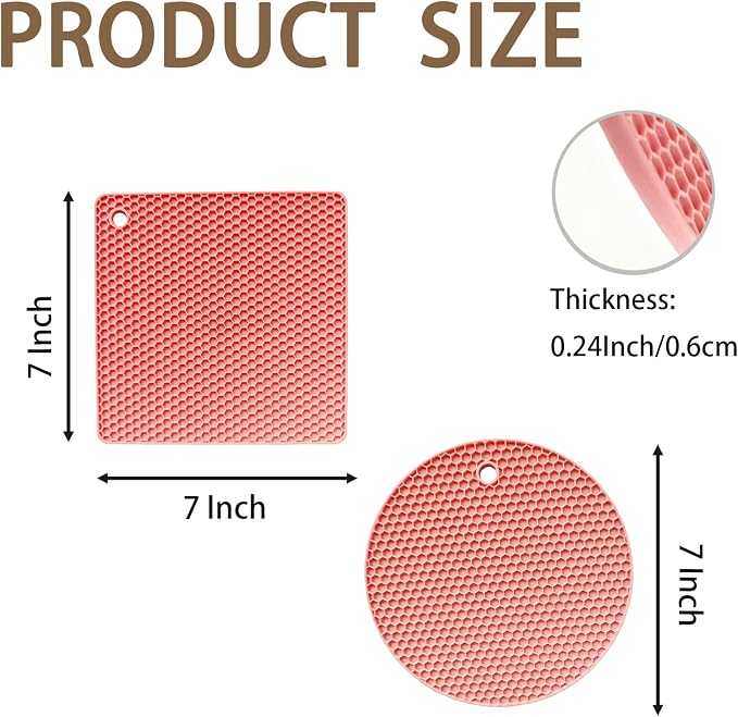 6-Pack Silicone Trivet Mats, Heat Resistant Hot Pads, Dishwasher Safe Kitchen Mats, BPA-Free Pot Holders for Table, Countertop, Stove, Honeycomb Design (Pink, 7” Square/Round)