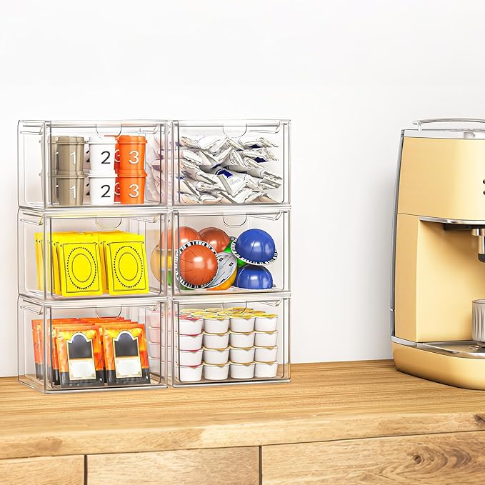 6-Pack Stackable Acrylic Storage Drawers, Small | Smooth-glide drawers, stackable, clear body, dustproof, wipe clean, 6 small, for art tools, makeup, under sink, pantry