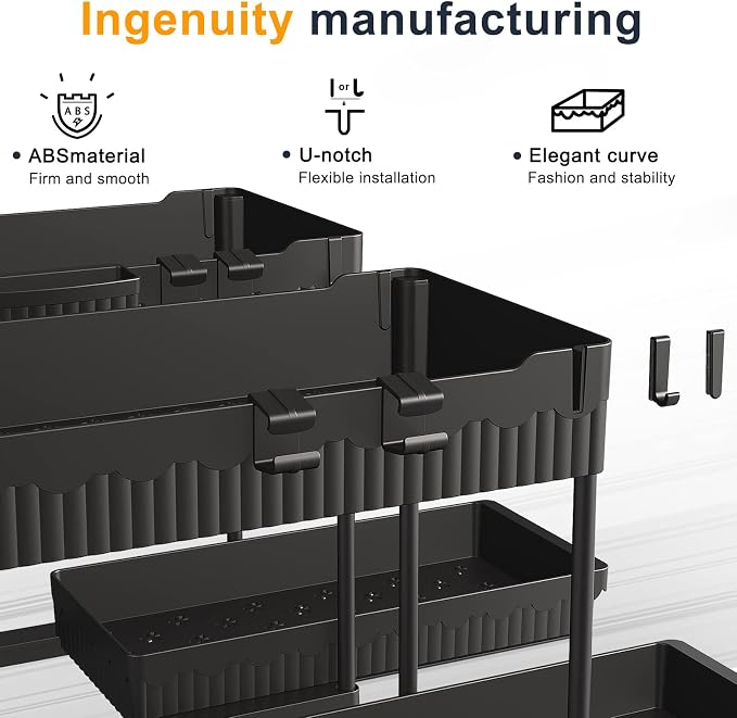 2-Pack 2-Tier Under Sink Organizers with Sliding Drawers | Multi-use kitchen & bathroom storage, 12.85 inch black cabinet organizer, space-saving sliding drawer design.
