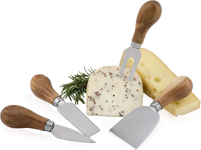 True Gourmet 4-Piece Stainless Steel Cheese Knife Set with Acacia Wood Handles for Charcuterie Board, Includes 3 Knives & 1 Fork, Hosting Essentials