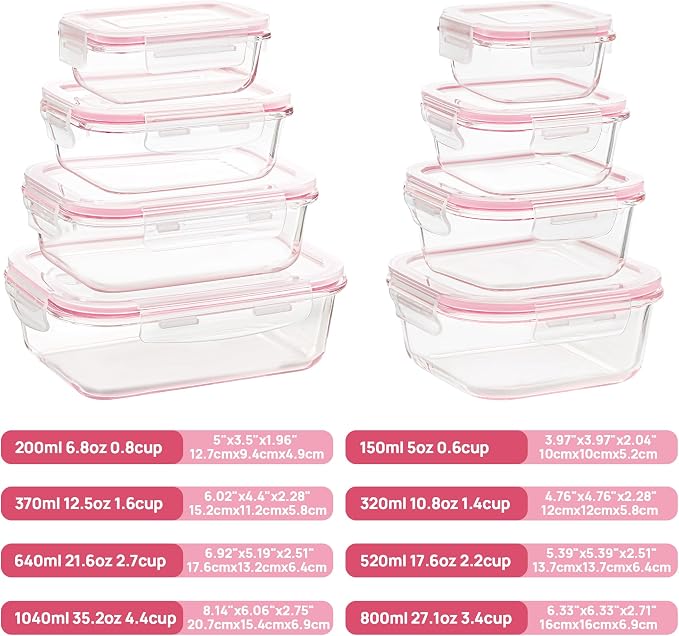 Vtopmart 8 Pack Glass Food Storage Containers with Airtight Lids | Meal Prep Lunch Containers, Leakproof, Leftover Storage, Take-out, Microwave, Oven, Freezer and Dishwasher Safe, BPA Free