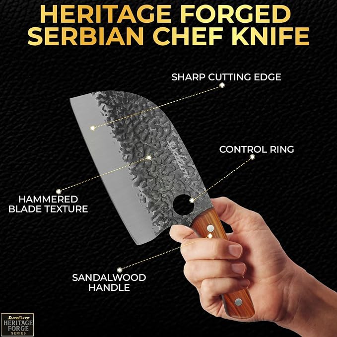 Serbian Chef Knife Vegetable Chopper Meat Cutting Kitchen Knife Food Prep | Hammered Pattern Forged Steel • Full Tang • Sandalwood Handle • Chopping • Slicing • Kitchen • BBQ • Grilling • Outdoor