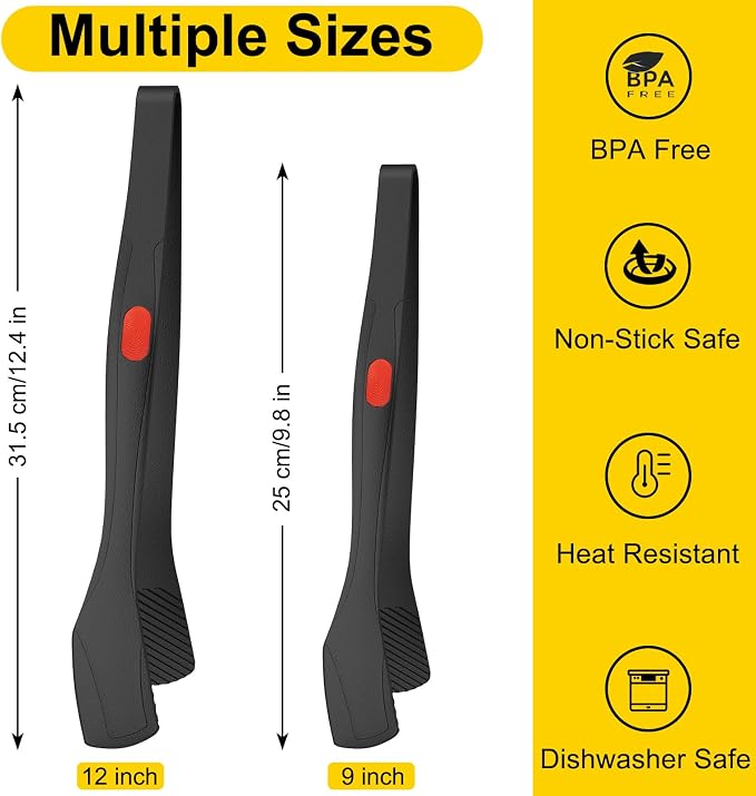 Beijiyi Kitchen Tongs for Cooking, 9" & 12" Set, Silicone Cooking Tongs with Silicone Tip for Nonstick Cookware, 600°F Heat Resistant, Stainless Steel Core, Great for Grilling and Serving Food (Black)
