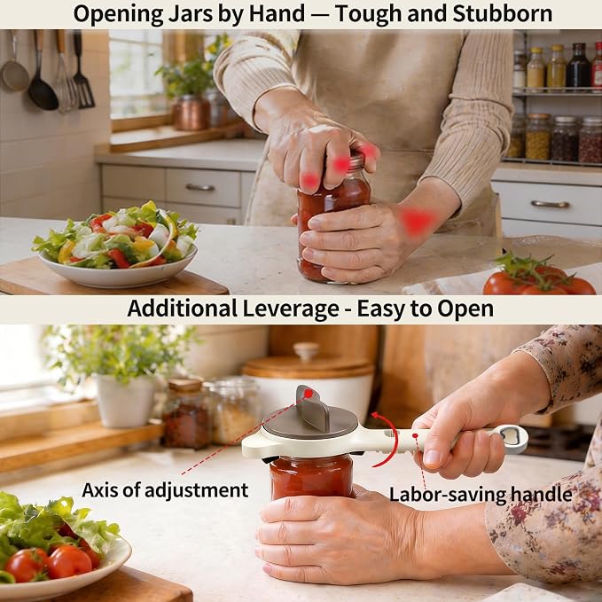 Jar Opener for Weak Hands, Seniors with Arthritis, 4-in-1 Multi-Purpose Lid Opener Includes Magnetic Hook & Rubber Gripper for Jars, Bottles and Beer Caps (Beige)
