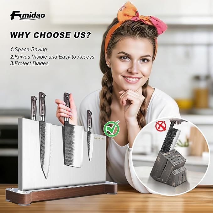 Magnetic Knife Holder Stand,Large Double Sided Magnetic Knife Block WIthout Knives Stainless Steel Magnet Kitchen Knife Holder Strong Magnetic Knife Rack Storage With Three Magnet Strip