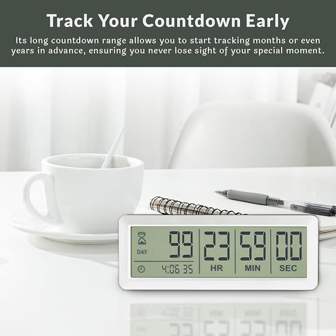 White Large LCD Digital Countdown Clock, Up to 999 Days - Easy to Set & Read Reusable Count Down Timer for Retirement, Wedding, Christmas, Holiday,Baby Due Date,Birthday & More