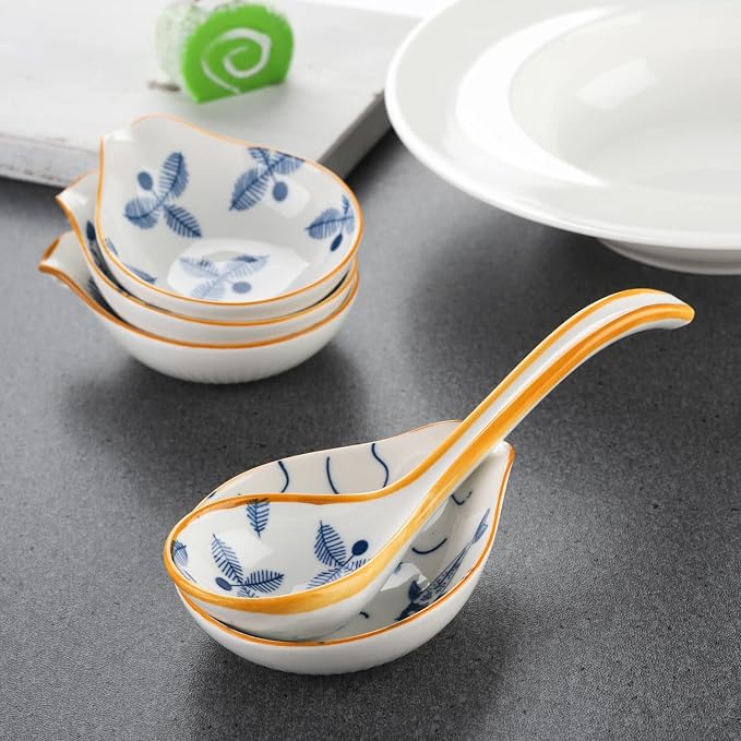 Ceramic Soup Spoons Set of 4 Porcelain Japanese Soup Spoon Long Handle Asian Soup Spoon Sets for Pho Ramen Noodles Wonton Dumpling Rice (Model 4#)