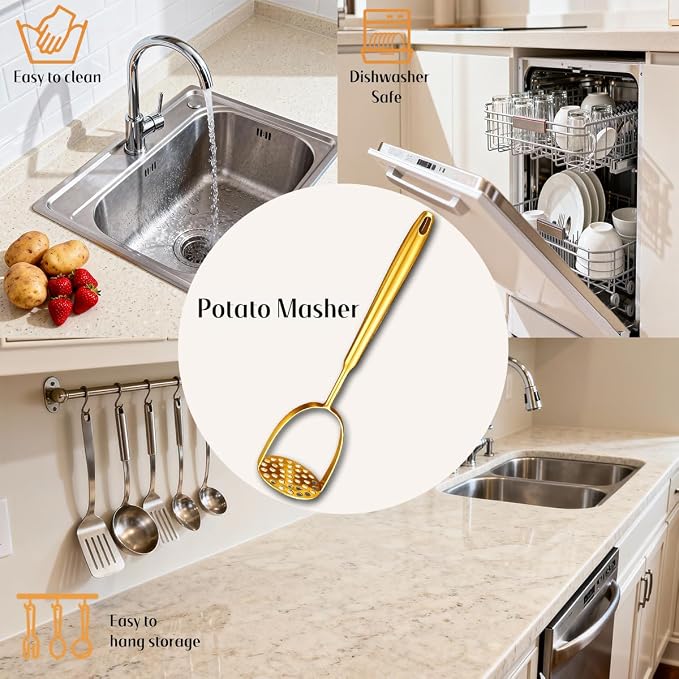 Potato Masher Stainless Steel, 14 Inch Potato Smasher - Kitchen Essential for Mashed Potatoes, Pumpkin, Carrots, Avocado & Fruits, Heavy Duty Metal Mashing Utensil (Gold)