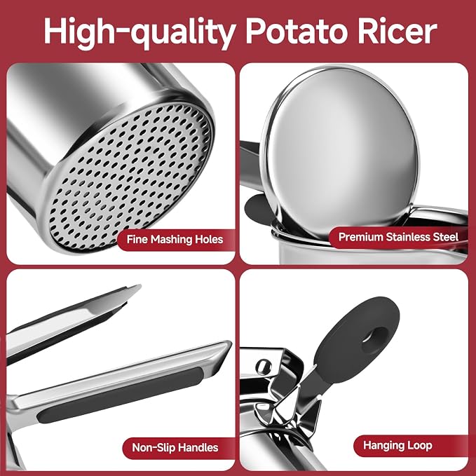 Potato Ricer for Mashed Potatoes-Stainless Steel 15oz | Large Capacity,All Clad,Heavy Duty,Ergonomic Handle for Spaetzle,Oranges, Lemons, Pumpkins, Carrots, Avocados(BLACK)