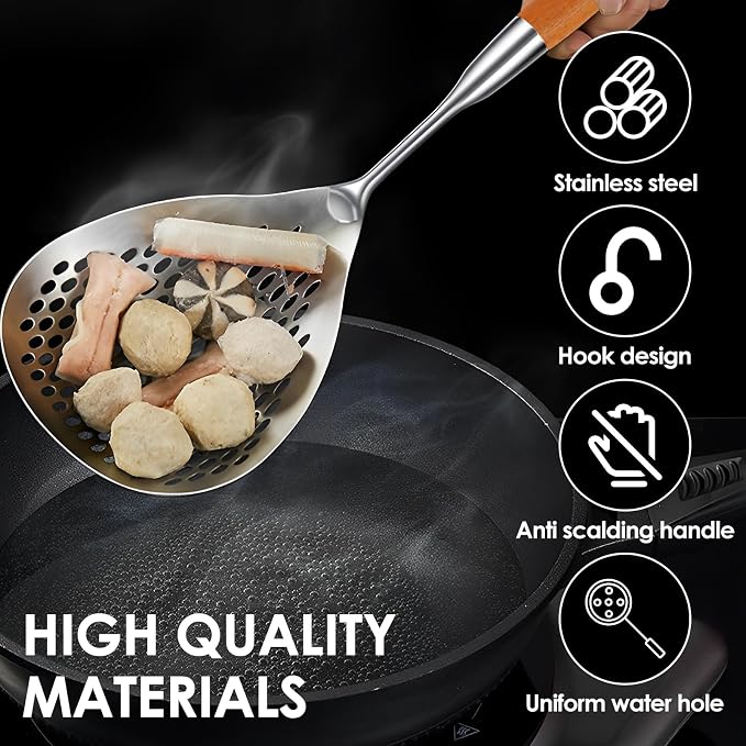 2 Pcs Skimmer Slotted Spoon, Skimmer Spoon, 16.4" Strainer Spoon Pasta Strainer/Frying Spoon with Anti Scald Wood Handle, Heat Resistant Skimmer Ladle Spoon for Cooking, Kitchen Metal Scoop Colander