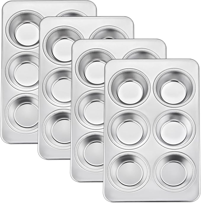 TeamFar Muffin Pan Set of 4, 6 Cup Muffin Tins Pans For Baking, Cupcake Pan Tray Set Stainless Steel for Baking Muffins Cakes Tarts and More, Healthy & Sturdy, Oven & Dishwasher Safe