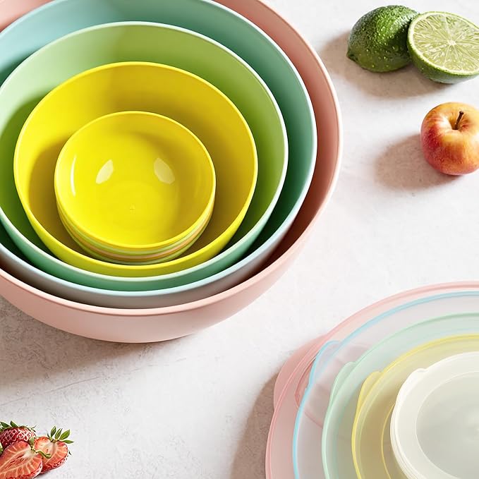 16 Piece Plastic Mixing Bowls with Lids Set includes 8 Prep Bowls & 8 Lids | Nesting Design, 2-in-1 Spoon-Fork, 1.1/2/3.4 /4.8QT, Large Salad Bowl for Preparing, Serving, and Storing, Dishwasher Safe