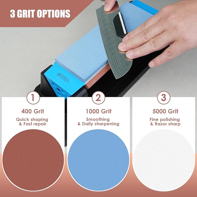 Large Knife Sharpening Stone, Tri-Stone Knife Sharpener, 3 Sides Grit 400/1000/5000, Whetstone Knife Sharpener with Non-Slip Base, Angle Guide & Leather Strop, for Kitchen Knives and Pocket Knives