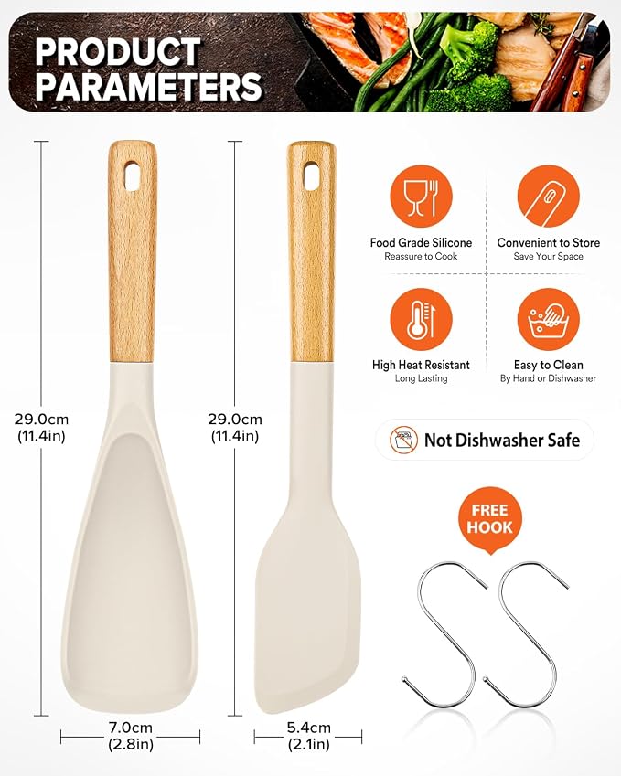 Cooking Spoon and Scraper for Nonstick Cookwares, Great for Cooking and Serving Durable BPA-Free Matte Silicone, Wood Handle Multifunction Spoon for Mixing, Scoop, and Scrape (KHAKI)