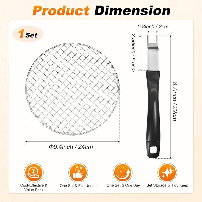 M METERXITY 2-Pack Cooling Rack 9.4" Round 201 Stainless Steel, Silver | Cross Wire Grate Cooling Racks with Grill Grate Lifter for Grilling, Cooking, Steaming, Baking