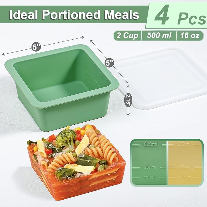 Webake 2-Cup Silicone Freezer Trays with Lids (4-Pack), Individual Portion Control Containers for Soup & Meal Prep – Easy-Release Single-Serving Molds for Lasagna, Leftovers, and Sauces