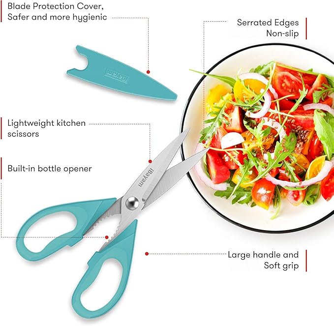 Small Kitchen Scissors 8-inch, 2 Pack Kitchen Shears All Purpose Meat Scissors Poultry Shears, Dishwasher Safe Food Cooking Scissors Heavy Duty Stainless Steel Utility (Black, Aqua Sky)