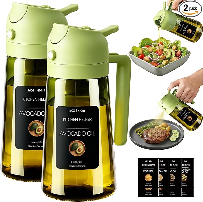 Poshetion 2 in 1 Olive Oil Sprayer for Cooking, 16oz Light-Proof Oil Dispenser for Kitchen, Leak-Proof Oil Spray Bottle for Air Fryer, Salad, BBQ, Baking, Grilling - Green & Green