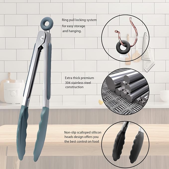 Kitchen Tongs with Silicone Tips,Tongs for Cooking Heat Resistant 600 Degrees Stainless Steel Locking Tongs,Dark green Set of 3-7", 9" and 12"