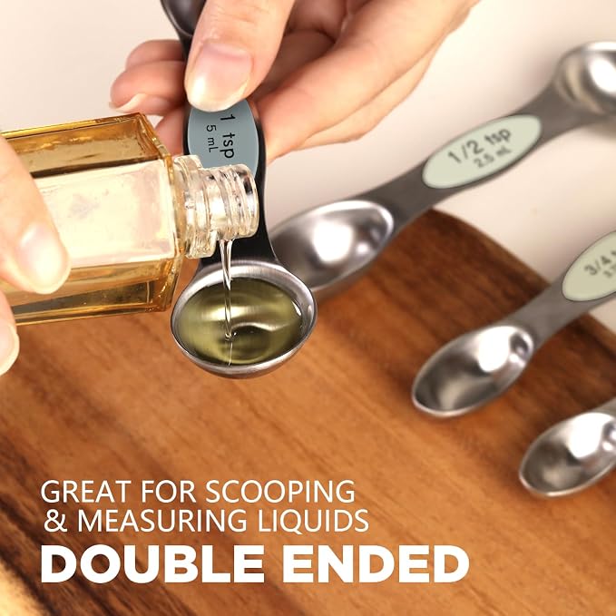 ChefAide Pack of 8 Stainless Steel Magnetic Measuring Spoons Set, Dual Sided, Stackable, Adjustable Teaspoon and Tablespoon Measure Spoon with Leveler, Kitchen Gadgets