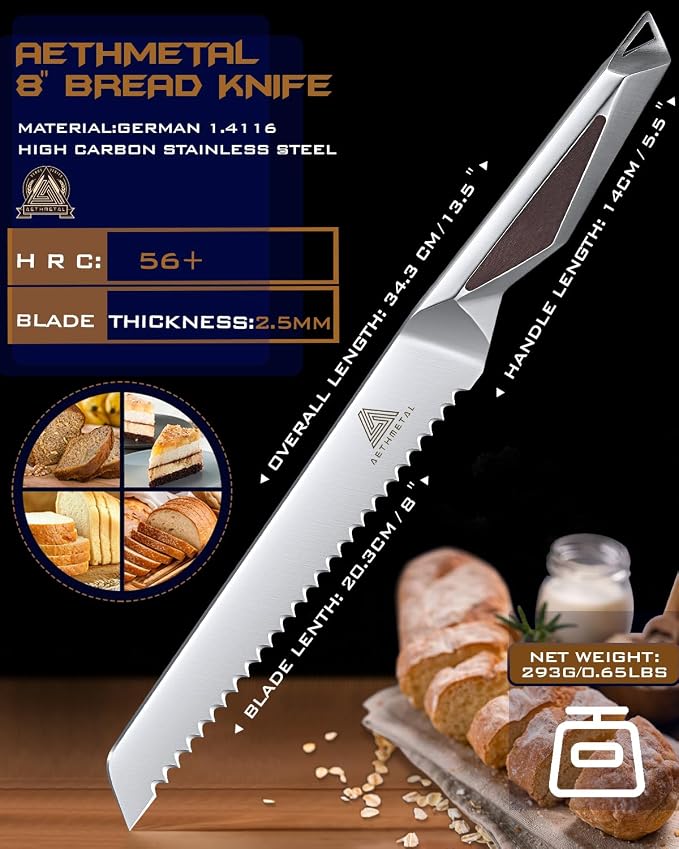 Resharpenable 8-Inch Bread Knife – Multifunction Serrated Knife with Wavy Edge, High-Carbon German Stainless Steel & Full Tang for Efficient Homemade Bread Slicing