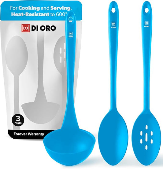 DI ORO Silicone Ladle & Spoons for Cooking – Large Kitchen Spoons for Mixing, Serving, & Stirring - Soup Ladle with Wide Bowl - High Heat Silicone Kitchen Utensils for Nonstick Cookware Safe (Blue)