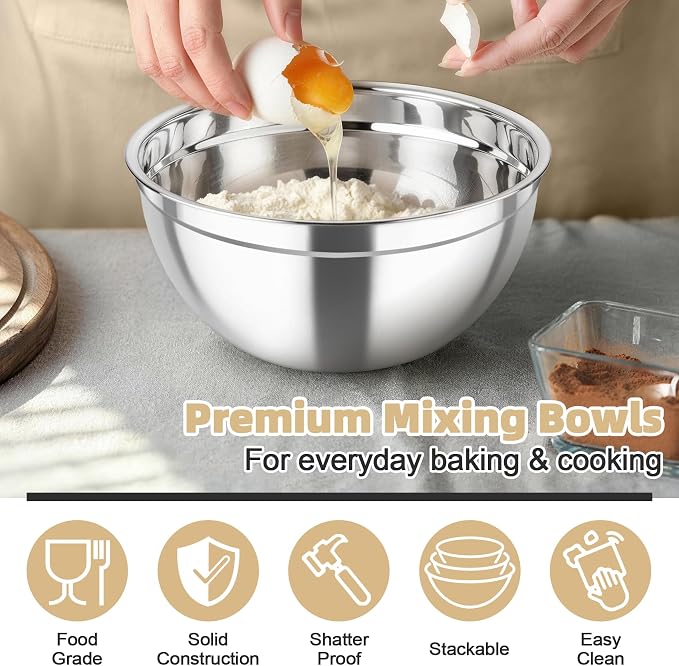TeamFar Mixing Bowls, Stainless Steel Nesting Salad Bowls with Airtight Lids Set, For Serving/Mixing/Storing, Rust-proof & Heavy Duty, Dishwasher Safe, Set of 3-4.6/3 / 1.5 QT, Khaki