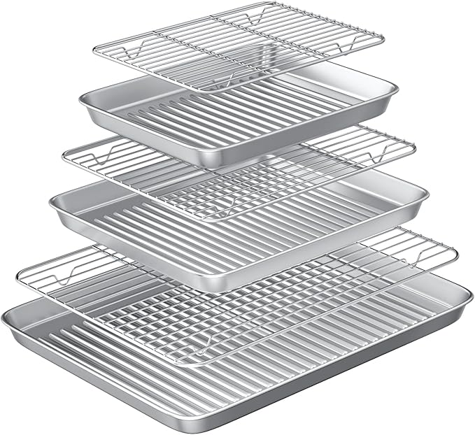 Baking Sheet with Cooling Wire Rack Set - Stainless Steel Baking Sheet Pan | 3 Pans + 3 Racks with Nonstick, Warp Resistant, Heavy Duty Design for Baking, Roasting, and Cooking