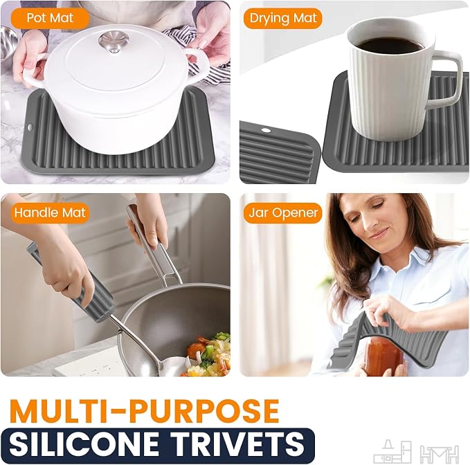 Silicone Trivet Mats 4 Heat Resistant Pot Holders Multipurpose Non-Slip Hot Pads for Kitchen Potholders, Drying mat, Jar Opener, Spoon Holder, Coaster.(Warm Gray)