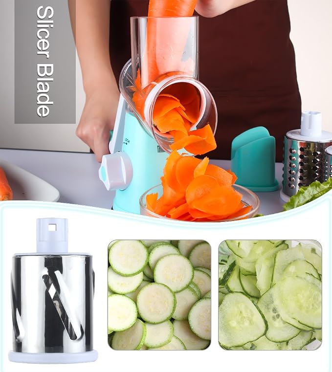 Ourokhome Rotary Cheese Grater Shredder and Hamburger Meat Chopper Stirrer, Round Food Slicer with 3 Drum Blades and Ground Beef Meat Breaker with Heat Resistant 5 Curved Blades