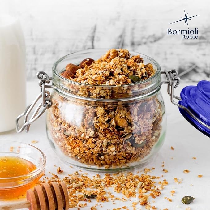 Bormioli Rocco Fido Glass Jar, Blue Lid - Food Storage Container with Airtight Seal - 17.5 oz Clamp Lock Canister for Dry Foods, Appetizers & Desserts - Italian Glass, Dishwasher Safe