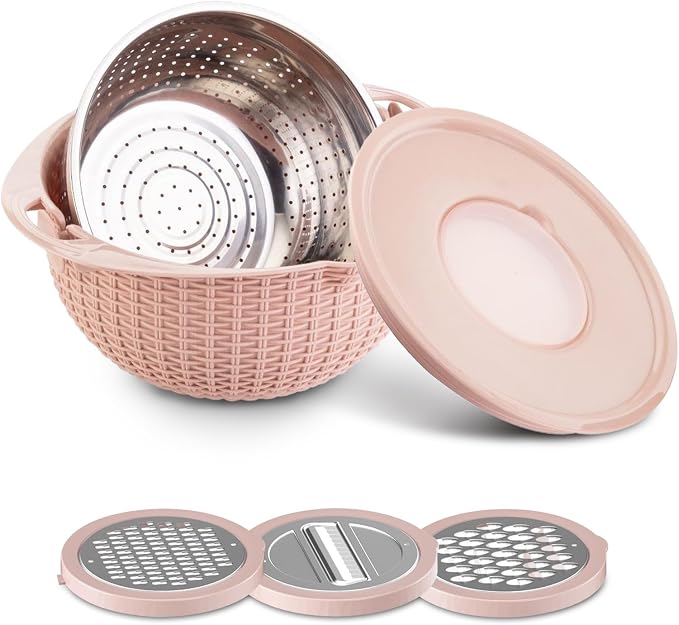 Colander with Mixing Bowl Set,Stainless Steel Colander, Food Strainers Colanders, Pasta Strainer, Rice Strainer, Fruit Cleaner, Veggie Wash, Salad Spinner, Strainers for Kitchen, Apartment(Pink)