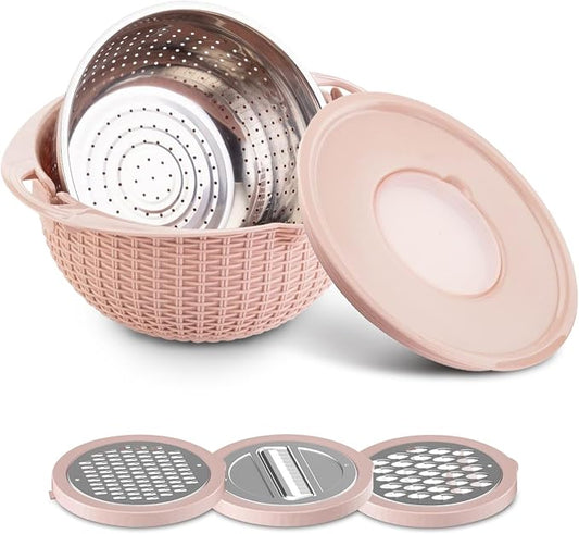 Colander with Mixing Bowl Set,Stainless Steel Colander, Food Strainers Colanders, Pasta Strainer, Rice Strainer, Fruit Cleaner, Veggie Wash, Salad Spinner, Strainers for Kitchen, Apartment(Pink)