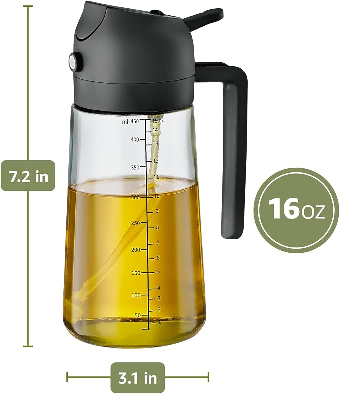 FineDine 16 oz Glass Olive Oil Sprayer for Cooking, Oil Dispenser, Black | Glass 2-in-1 olive oil dispenser bottle, oil dispenser for kitchen, oil spray bottle, mist or stream, anti-drip spout, salads