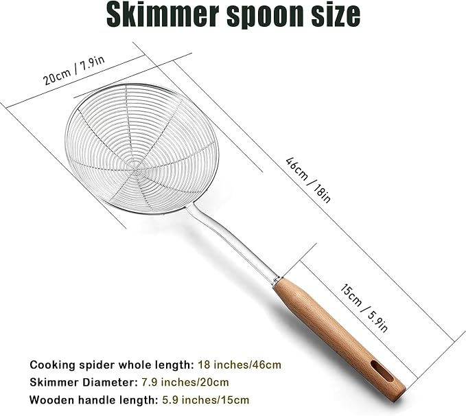 Extra Large Spider Strainer 7.9-Inch, Stainless Steel Skimmer with Wood Handle, Ideal for Frying, Pasta, and Noodles