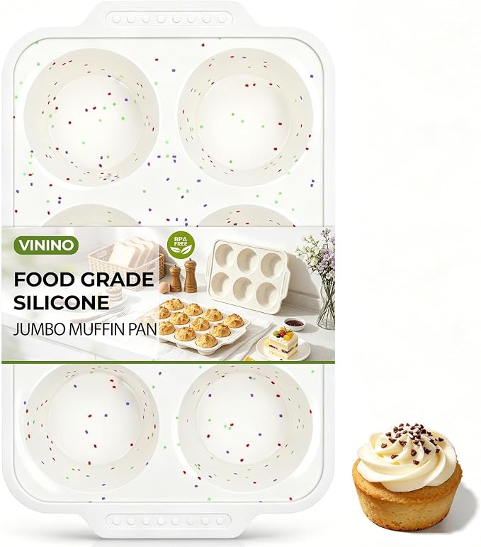 Vinino Silicone Jumbo Muffin Pan with Reinforced Frame for Oven, BPA-Free | 6-Cup Jumbo Size Silicone Muffin Pan for Baking with Non-Slip Handle, Nonstick Muffin Tray Dishwasher Safe, Cream
