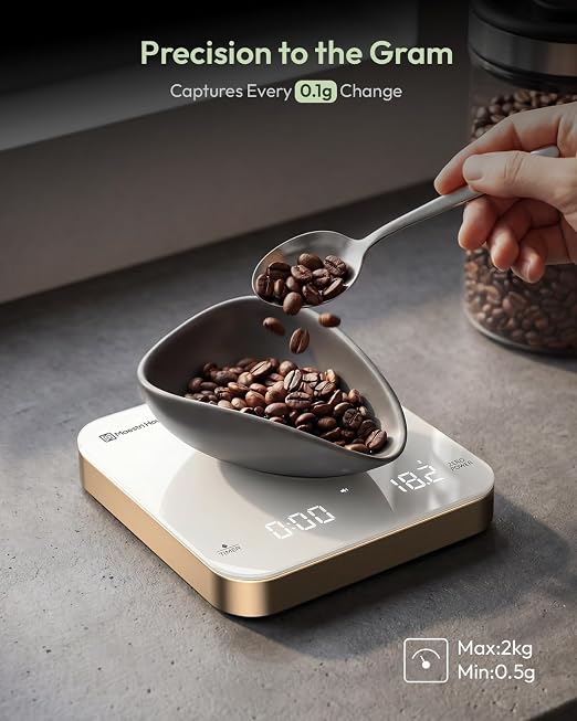 Maestri House S2 Espresso Coffee Scale with Timer 0.1g Precision Shot Scale | USB-C Rechargeable, Dual Timing Modes, 2kg/0.1g Digital Scale with Borosilicate Glass Top for Espresso and Pour-Over Brewing