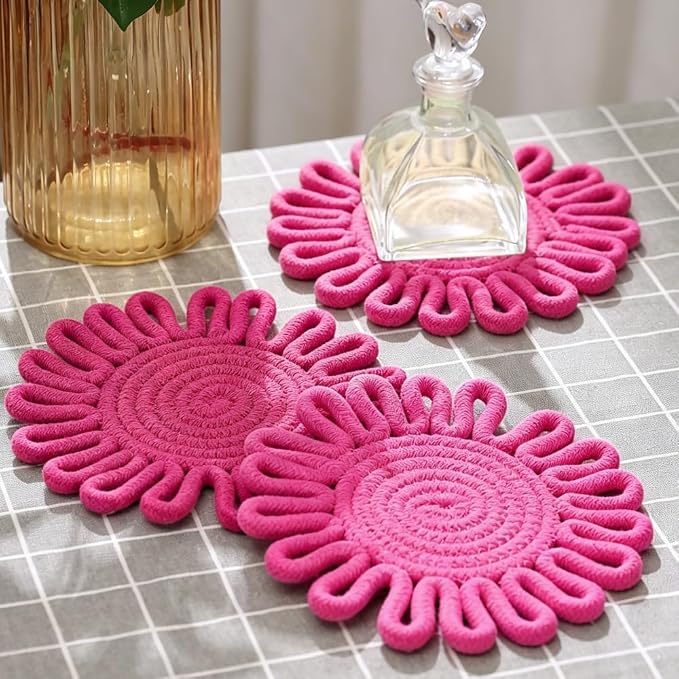 Kitchen Trivets for Hot Dishes Potholders for Countertop Hot Pads Hot Mats or Trivets for Hot Pots and Pans Home Essentials Boho Farmhouse Kitchen Decor Set of 3, 100% Cotton,7.5" (Rose-Red)