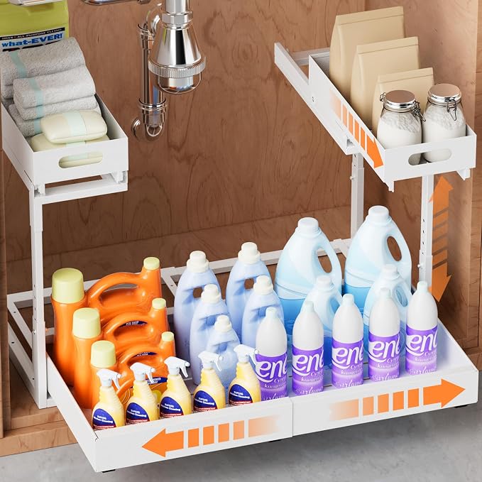 Upgrade 1 Pack Expandable Under Sink Organizer: 2-Tier Pull Out Cabinet with 3 Heavy-Duty Ball-Bearing Slide Rails, Tool-Free Height Adjustable, Slide-Out Drawers for Kitchen, Bathroom, Laundry