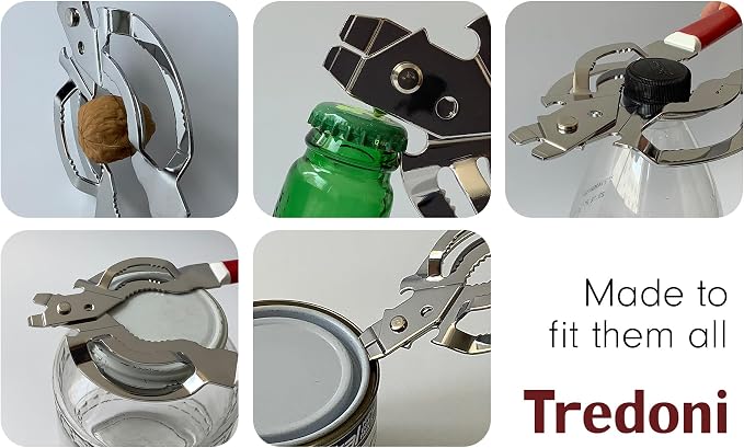 Tredoni Jar & Bottle Opener, Easy Wrench Grip/Tightened Lid Opener, Multi-Purpose Opener for Caps, Cans & Nuts -Italian Stainless Steel