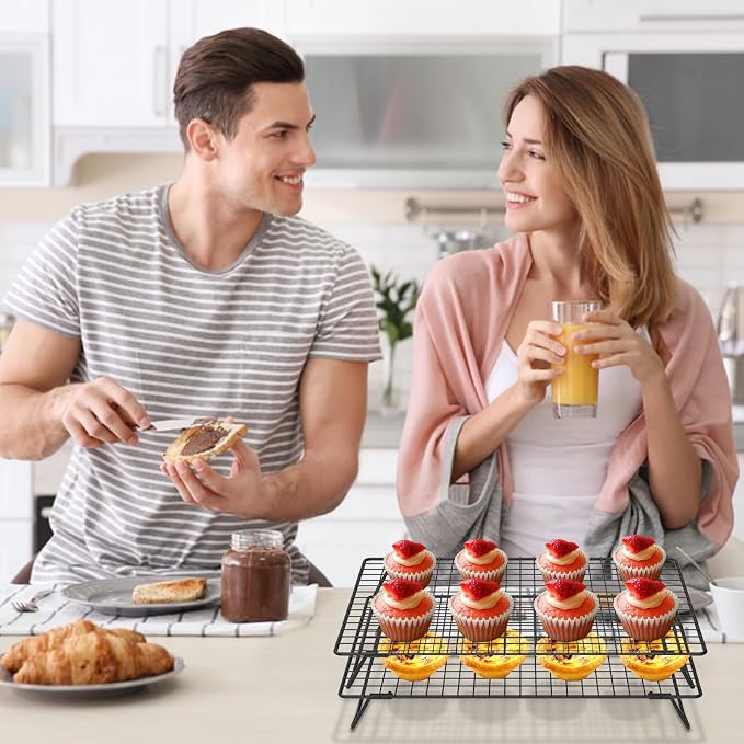 16.85" × 11" Stackable Cupcakes Cooling Racks – 2-Pack Nonstick Carbon Steel Baking Racks with Collapsible Legs, Perfect for Cooking, Roasting, Grilling, Drying & Cooling Cookies