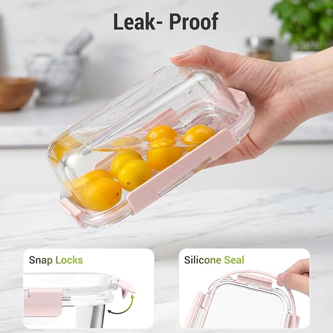 Dealusy 10 Sets 36 oz & 12 oz Glass Food Storage Containers with lids, Pink | 20-Piece Airtight Leak-proof Glass Meal Prep Containers with Lids, Microwave Oven Freezer Dishwasher Safe